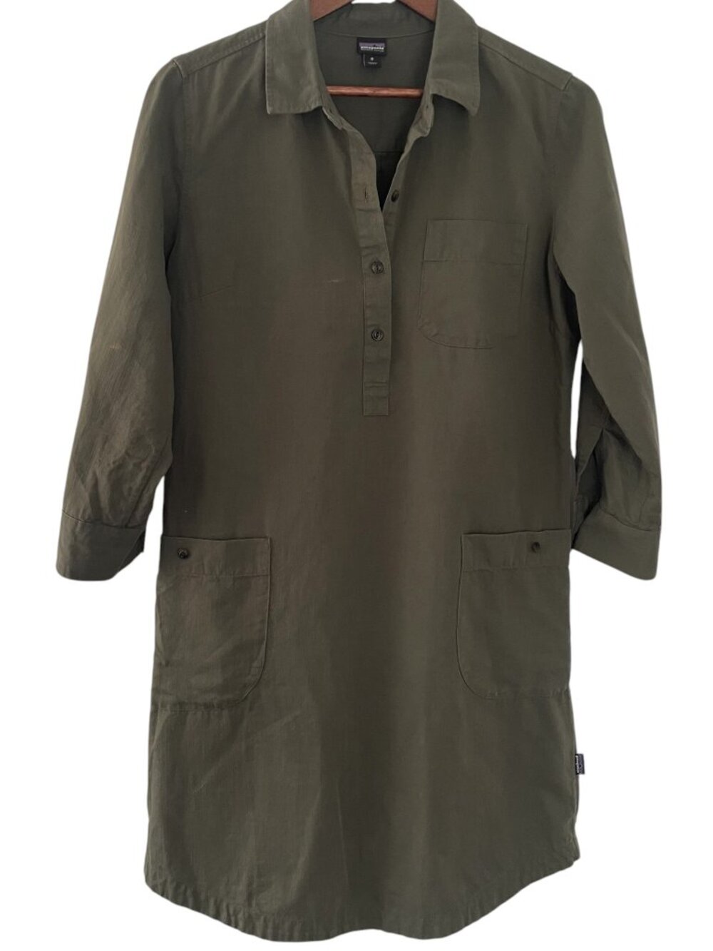 Patagonia Rocky Peak Shirt Dress Medium Olive Green Organic Cotton / Linen Blend